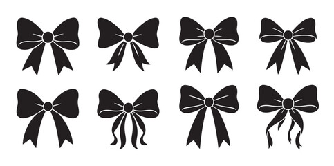 Set of black bow silhouettes in decorative flat style. Simple and elegant shapes. Isolated on white background