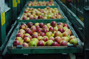 Fresh apples in crates on a conveyor belt