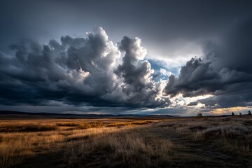 Dramatic shot of storm clouds rolling over a vast prairie, golden sunlight breaking through and illuminating patches of grass.