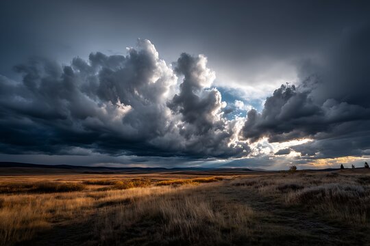 Dramatic shot of storm clouds rolling over a vast prairie, golden sunlight breaking through and illuminating patches of grass.