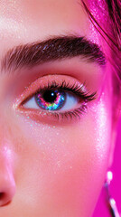 Futuristic close-up of a model with vibrant colors and glittering makeup