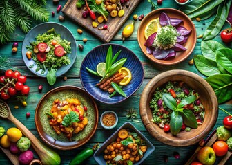 Vibrant Plant-Based Dishes in Lush Natural Settings: Culinary Art Photography