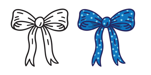 Cute blue bow with polka dot pattern and long ribbons in hand-drawn cartoon doodle style. Isolated on white background