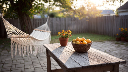 Tranquil backyard retreat featuring relaxing hammock, rustic wooden table, vibrant fruit basket near blooming potted flowers under golden sunset glow