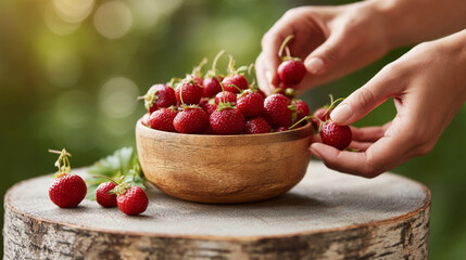 Gentle hands harvesting vibrant red strawberries from rustic wooden bowl atop weathered birch stump under sunlight