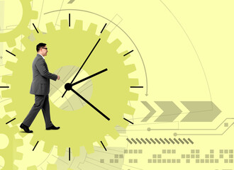 Businessman and clock on yellow background, creative collage. Time management, project deadline,...
