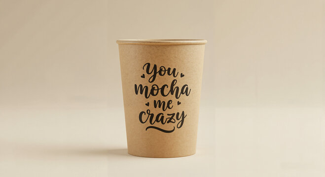 Kraft cup with playful hand lettering You mocha me crazy against clean beige background, straight-on view with soft light, cheerful and flirty message