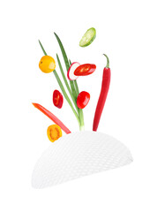 Rice paper and different ingredients falling on white background