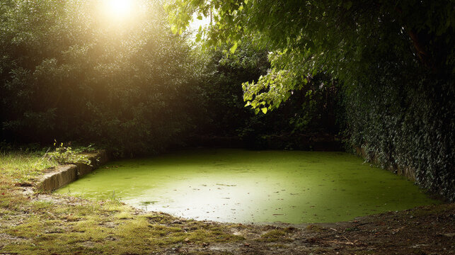 Green duckweed covering stagnant garden pond, floating on water surface under bright summer sunlight