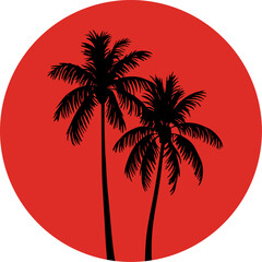 Obraz premium Minimalist Black Palm Tree Silhouette in Red Circle – Tropical Sunset Vector Design for T-Shirts, Posters, Stickers & Summer Themes