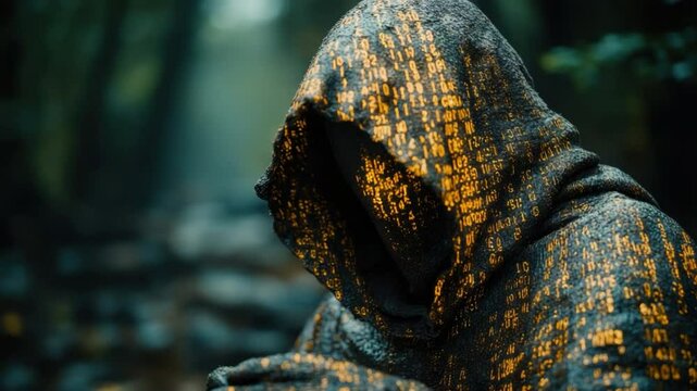 Mysterious Figure in the Forest: An enigmatic figure draped in a detailed cloak with captivating golden patterns, immersed in the shadows of a dense forest, evoking a sense of mystery and allure.