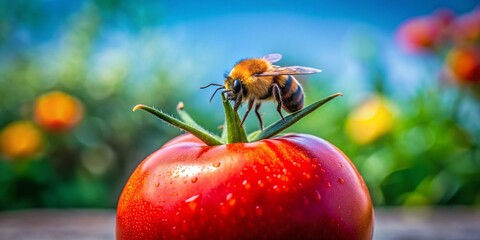 Vibrant Red Tomato Close-up with Bumble Bee - High-Definition Stock Photo