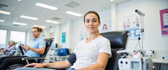 Relaxed individual donating blood in clean clinic, community health