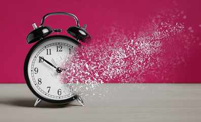 Alarm clock dissolving on wooden table against crimson background, banner. Flow of time