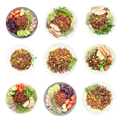 Tasty salads with brown rice isolated on white, set. Top view
