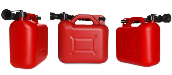 Red plastic canister with spout isolated on white, collage. View from different sides