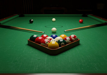 Pool table: Green felt, striped ball next to cues. Cue chalk smudges on table's edge. Aiming straight pool shot.