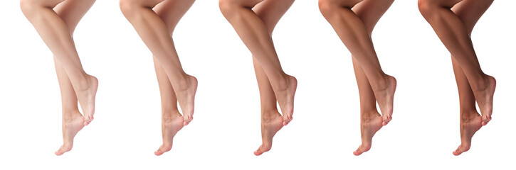 Women showing legs with smooth skin after epilation procedure on white background, closeup. Collage...