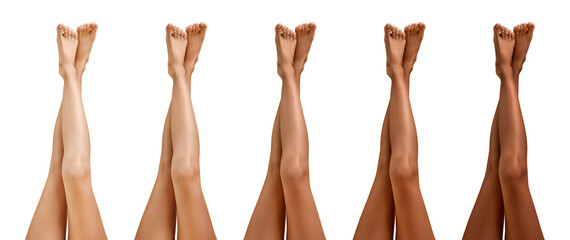 Plakat Women showing legs with smooth skin after epilation procedure on white background, closeup. Collage of photos showing different skin tones