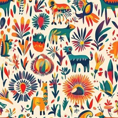 Vibrant Mexican Folk Art Animal and Floral Pattern Design