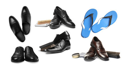 Different men's shoes isolated on white, collage