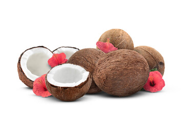 Many coconuts and hibiscus flowers isolated on white