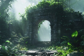 A sun-drenched archway, shrouded in a misty jungle.