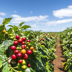 Vivid Coffee Cherries Bursting with Ripeness under the Bright Sky in Lush Plantation