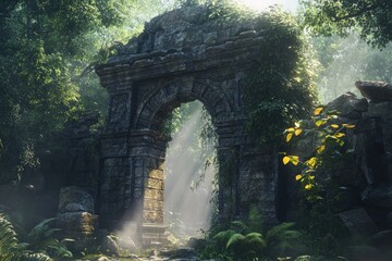 Sunbeams filtering through a crumbling archway in a jungle.