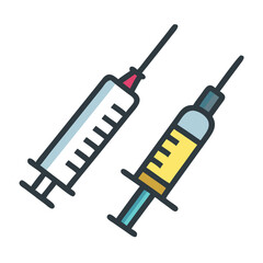 Two syringes with different colored liquids on black background