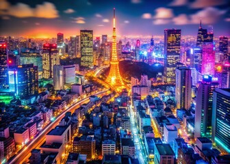 Obraz premium Vibrant Tokyo Cityscape at Night, Bokeh Lights, Japanese City, Urban Night Scene, Tokyo Skyline