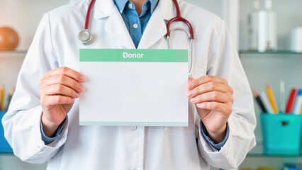 Female doctor proudly displaying donor certificate in medical lab, certification