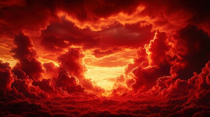 Fototapeta premium Fiery clouds envelop the horizon as the sun descends, casting a surreal glow beyond