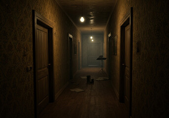 Dark hallway with lamp and chair, casting eerie shadows.