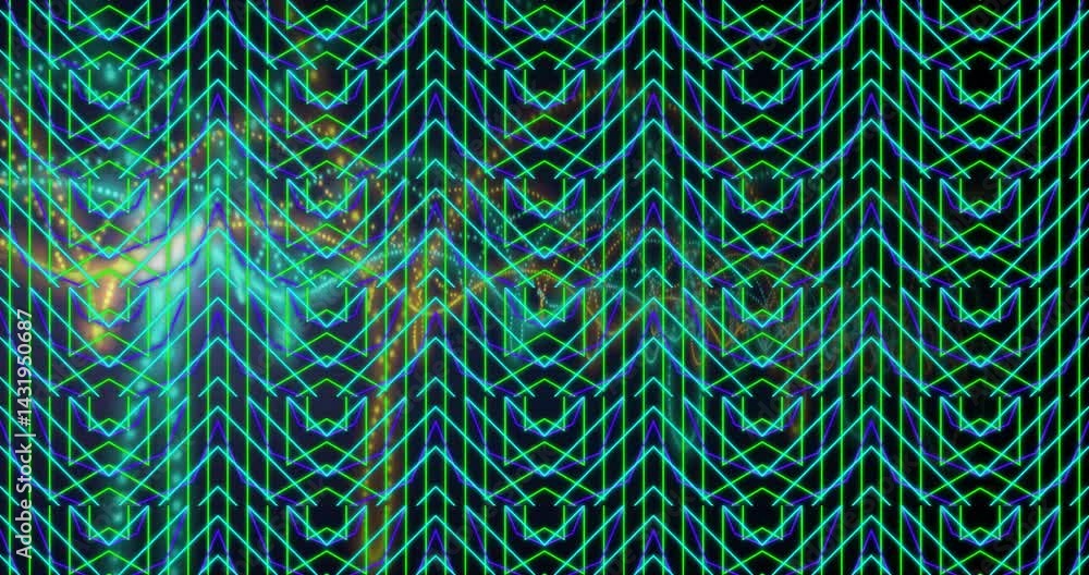 Poster digital interface featuring neon chevrons and arrows pulsing on dark grid, blurring light streaks