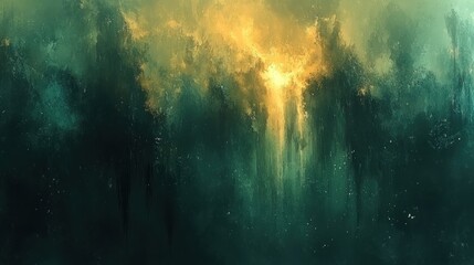 Golden light filters through the dark trees, creating a magical atmosphere at dusk
