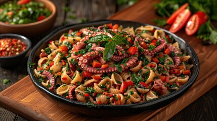 Fototapeta premium A delightful mix of seafood and fresh vegetables is beautifully arranged in a bowl