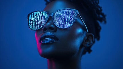 Woman wearing sunglasses reflecting digital code in blue and pink lighting.