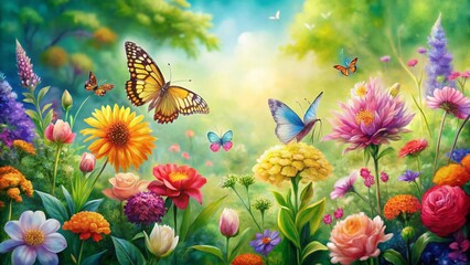 Obraz premium Vibrant Watercolor Garden: Colorful Flowers & Lush Nature Background - Stock Photo