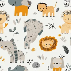 Adorable Safari Animal Print: Whimsical Lions, Zebras, Elephants, and Hippos in a Playful Pattern