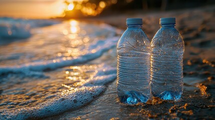 Two water bottles resting on a sandy beach at sunset, waves gently lapping