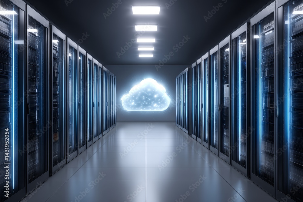 Poster cloud server room data center - rows of server racks in a modern data center with a glowing cloud ic