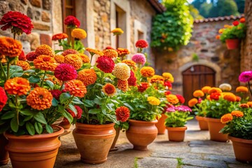 Vibrant Zinnias in Architectural Setting: Summer Garden Photography