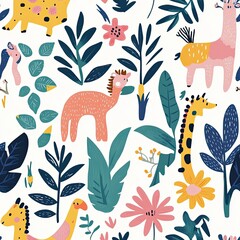 Whimsical Jungle Animals and Tropical Foliage Seamless Pattern Design