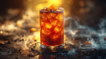 A glass of bright orange tea with ice glows warmly in the light