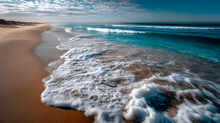 Soft waves rolling in and retreating on a golden sandy beach, with calm ocean waters meeting the sky at the horizon.