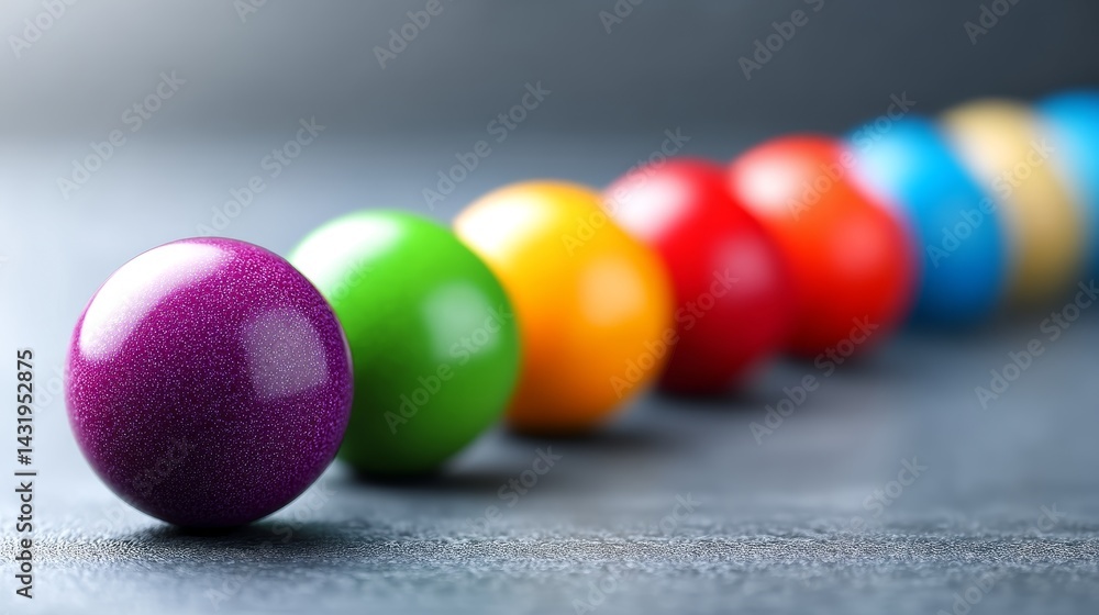 Poster colorful spheres in a row - a row of vibrant spheres, each a different color, against a dark gray ba