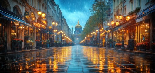 Fototapeta premium Rainy Night in Saint Petersburg: A Cityscape of Golden Lights and Reflections
