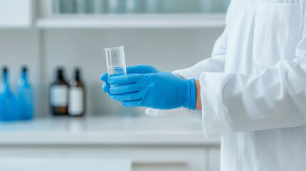 Fototapeta premium Scientist analyzing water sample in test tube, performing detailed research within clean laboratory environment
