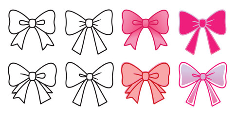 Cute pink bow set in cartoon style with outlined and gradient versions. Girly, decorative look. Isolated on white background